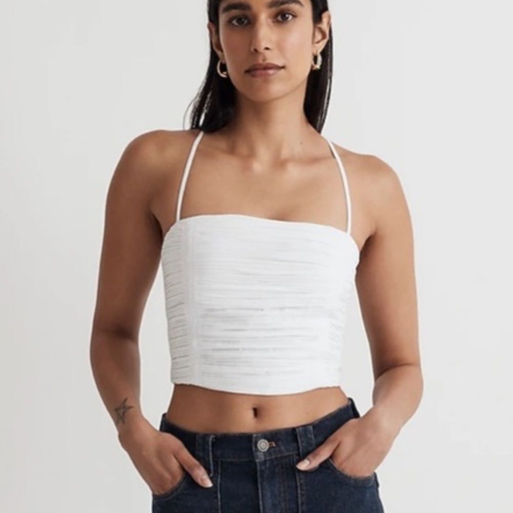 Madewell Poplin Crop Tube Top, featuring a pleated design size 2